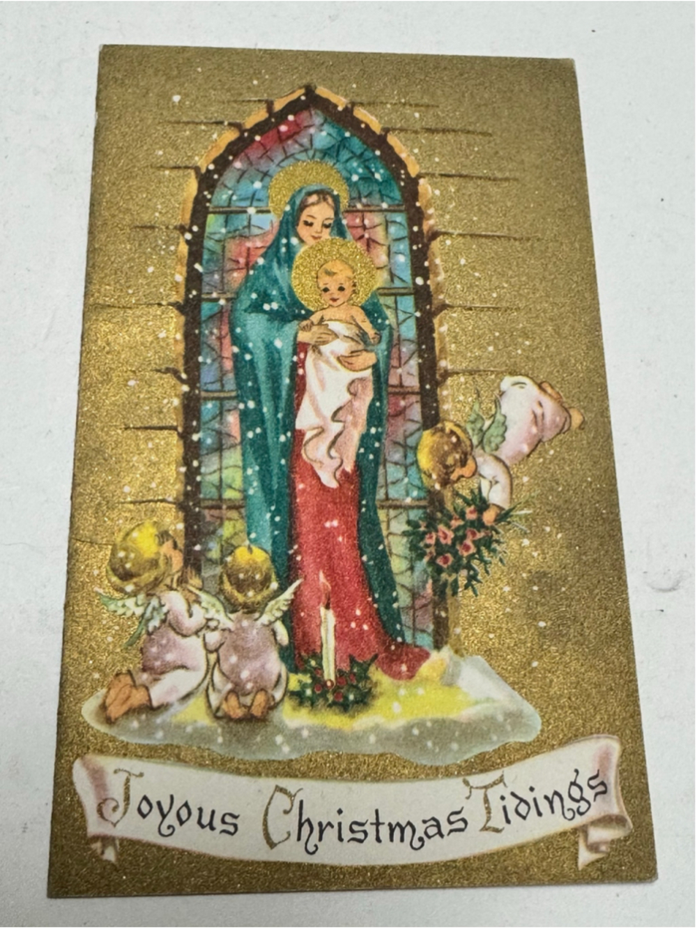 1950’s Unused Christmas Greeting Card Sweet Madonna & Child Surrounded by Angels